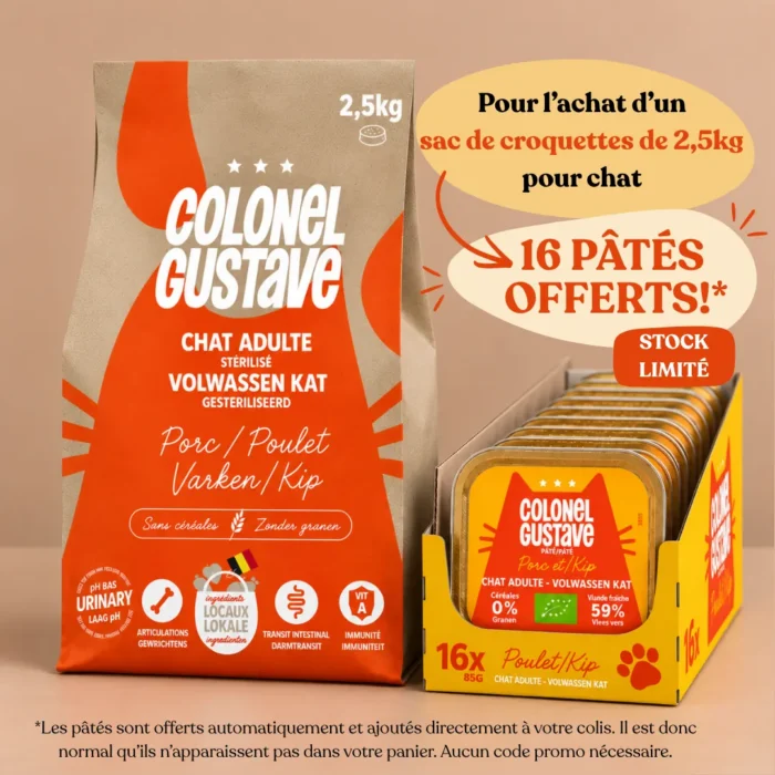 Croquettes sans céréales pour chat stérilisé Colonel Gustave, aux ingrédients belges. Offre exclusive : pour un sac de 2,5 kg acheté, 16 pâtés bio offerts.