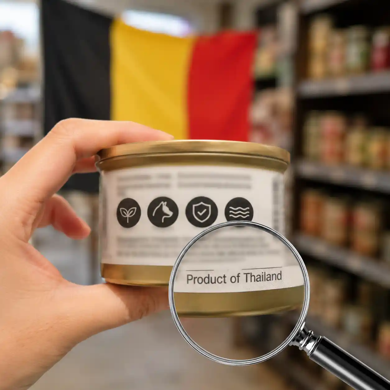 Pâté met Belgische vlag op de verpakking maar met de vermelding 'Product of Thailand' op de achterkant