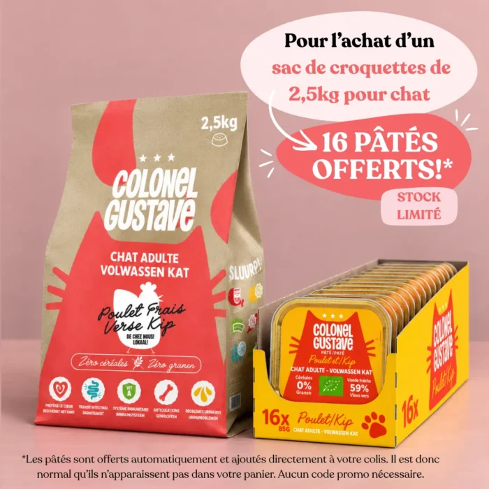 Croquettes sans céréales pour chat adulte Colonel Gustave au poulet frais, avec des ingrédients belges. Offre exclusive : pour un sac de 2,5 kg acheté, 16 pâtés bio au poulet offerts.